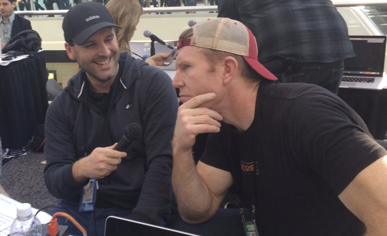 Matt Birk and Art Pue former Army Green Beret chat with Luke Jones on Radio Row in Minneapolis