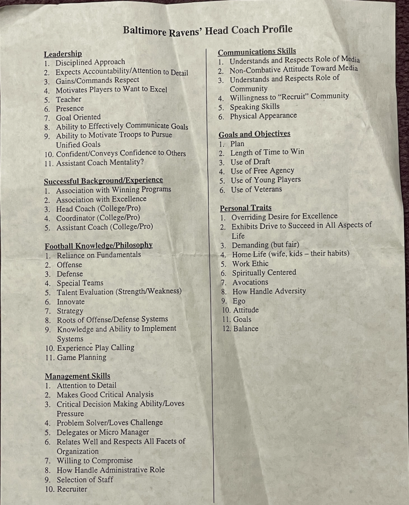 What are the real qualifications of the next head coach of the Baltimore Ravens?